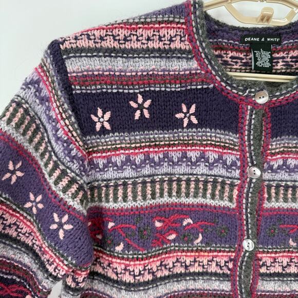 Deane & White Vintage Snowflake Cardigan Sweater Purple Pink Fair Isle  Large - Picture 2 of 6